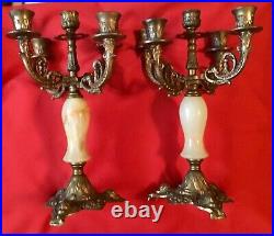 Vintage Pair of Onyx and Brass Candelabras, Holds 5 Candles 12.5 High x 7 wide