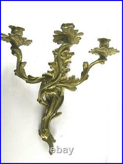 Vintage Pair of Ornate Brass Triple Candle Holder Sconce Wall Hanging Tulips