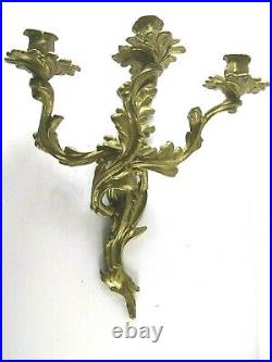 Vintage Pair of Ornate Brass Triple Candle Holder Sconce Wall Hanging Tulips