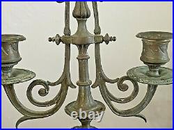 Vintage Pair of Ornate Gothic 3 Arm Brass Bronze Candelabra