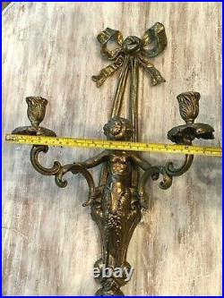 Vintage Pair of Ornate Solid Brass 2 Arm Cherub Candle Holder Wall Sconces
