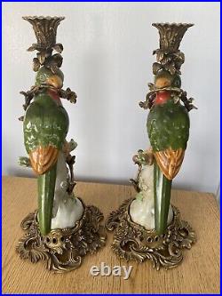 Vintage Parrot Candlesticks Hollywood Regency Tropical Boho Brass & Ceramic