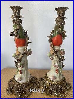 Vintage Parrot Candlesticks Mid Century Modern Tropical Boho Brass & Ceramic