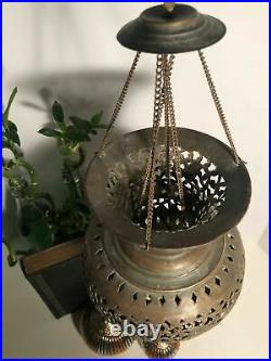 Vintage Pierced Brass Moroccan Lantern/ Turkish Pendant Teardrop Lamp