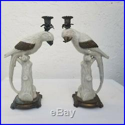Vintage Porcelain & Brass Castilian Parrot Candlestick Candle Holder Set of 2