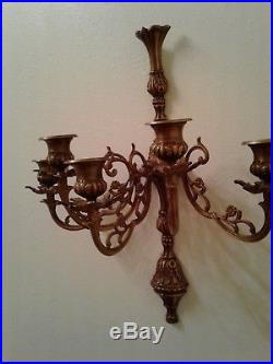 Vintage Pr of LG HEAVY ORNATE BRASS 5 ARM WALL SCONCES/Candle Holder