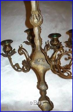 Vintage Pr of LG HEAVY ORNATE BRASS 5 ARM WALL SCONCES/Candle Holder