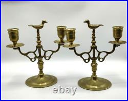 Vintage RARE Pair Solid Brass Bird Candleabras Dbl Arm Taper Candle Holders