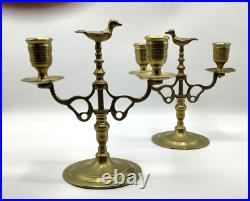 Vintage RARE Pair Solid Brass Bird Candleabras Dbl Arm Taper Candle Holders