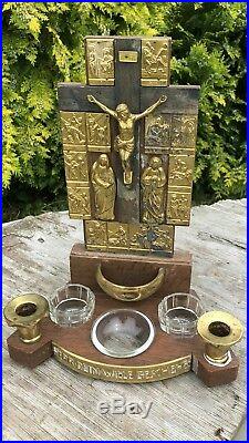 Vintage Religious Altar Cross Brass Candle Holders Glass Bowls Church