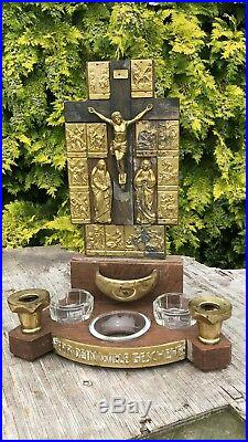 Vintage Religious Altar Cross Brass Candle Holders Glass Bowls Church