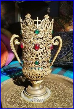 Vintage Religious Ornate Filigree Brass Jeweled Church Altar Candle Holder