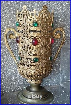Vintage Religious Ornate Filigree Brass Jeweled Church Altar Candle Holder