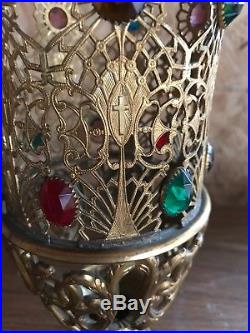 Vintage Religious Ornate Filigree Brass Jeweled Church Altar Candle Holder Goth