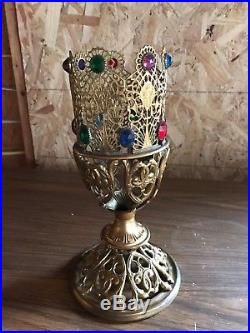Vintage Religious Ornate Filigree Brass Jeweled Church Altar Candle Holder Goth