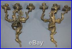 Vintage Rococo French 3-Arm Candelabra Wall Sconces Candle Holder Bronze Brass