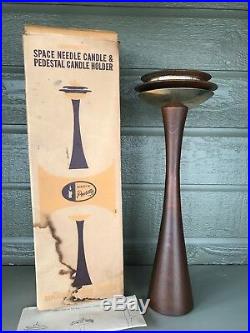 Vintage Seattle Space Needle MCM Wood Brass Candle Holder with Box Insert Large