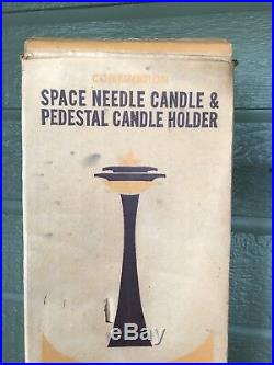 Vintage Seattle Space Needle MCM Wood Brass Candle Holder with Box Insert Large