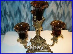 Vintage Solid Brass 3 Arm Candelabra 4 Amber Tulip Votive/candle Stick Holders