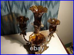 Vintage Solid Brass 3 Arm Candelabra 4 Amber Tulip Votive/candle Stick Holders