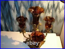 Vintage Solid Brass 3 Arm Candelabra 4 Amber Tulip Votive/candle Stick Holders