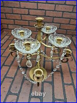 Vintage Solid Brass 9 Arm Candelabra Candle Holder With Glass Accents 16×14