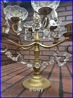 Vintage Solid Brass 9 Arm Candelabra Candle Holder With Glass Accents 16×14