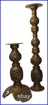 Vintage Solid Brass Filigree Tall Candle Holders Ornate