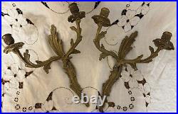 Vintage Solid Brass Large Ornate Double Candle Holder Wall Sconces Set Of 2