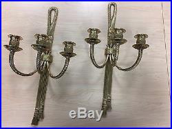Vintage Solid Brass Pair Of Wall Candle Holders Triple Arm Sconces