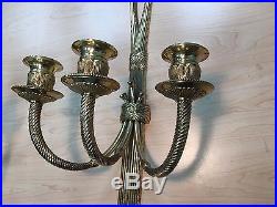 Vintage Solid Brass Pair Of Wall Candle Holders Triple Arm Sconces