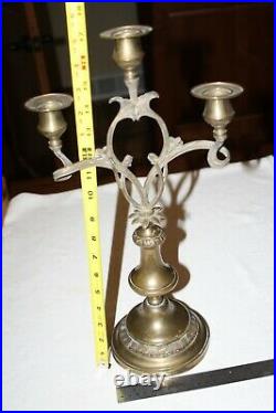 Vintage Tall Flowers Brass Candelabra 3 Light Candle Holder Alter Sabbath