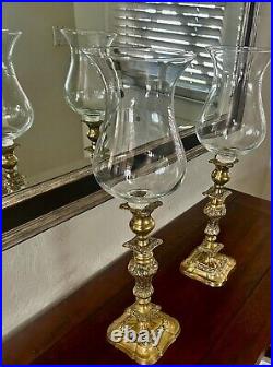 Vintage, Tall, Pedestal, Brass, Hurricane Glass Candle Holders 22 Tall