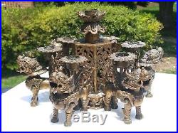 Vintage Tibetan Nepalese bronze / brass 6 foo dog lion candle holder candelabra