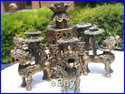 Vintage Tibetan Nepalese bronze / brass 6 foo dog lion candle holder candelabra