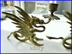 Vintage Winged Griffin Dragon Brass Candlestick Holder Pair