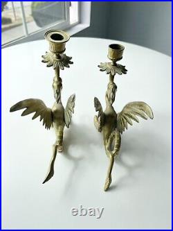 Vintage Winged Griffin Dragon Brass Candlestick Holder Pair