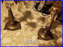 Vintage brass and lead crystal candelabra pair candle holders Hollywood Regency