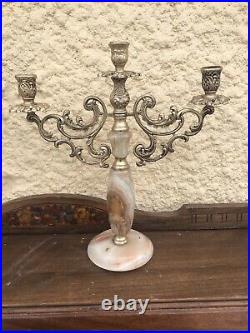 Vintage french brass onyx marble candelabra candle holder Taper Three Gilt