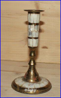 Vintage hand crafted ornate brass/mop candlestick candle holder