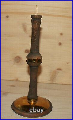Vintage hand crafted wood candlestick with brass ornaments