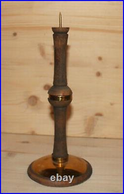 Vintage hand crafted wood candlestick with brass ornaments