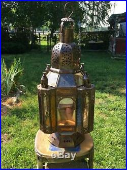 Vintage hanging candle holder lantern chandelier with Stained Glass Gothic