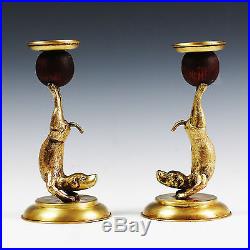 Vintage mid century Arthur Court Candlestick Holders Brass dogs Animal Acrobats