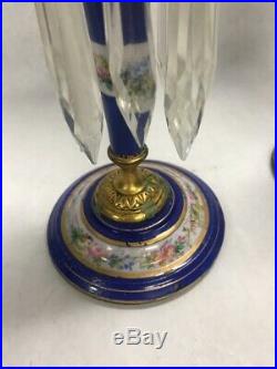 Vintage pair brass painted cobalt blue candle holder stick crystal prisms 9 in