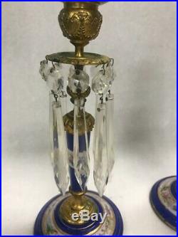Vintage pair brass painted cobalt blue candle holder stick crystal prisms 9 in