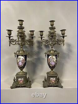 Vntg Pair Brevettato Brass Candelabra Baroque Style Blue 4 Arm 5 Candles 19H