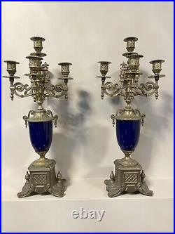 Vntg Pair Brevettato Brass Candelabra Baroque Style Blue 4 Arm 5 Candles 19H