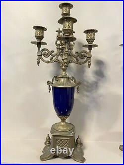 Vntg Pair Brevettato Brass Candelabra Baroque Style Blue 4 Arm 5 Candles 19H