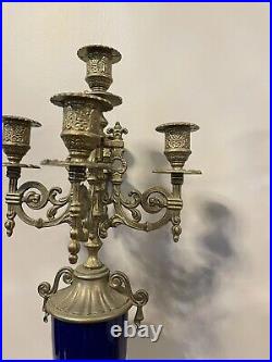 Vntg Pair Brevettato Brass Candelabra Baroque Style Blue 4 Arm 5 Candles 19H